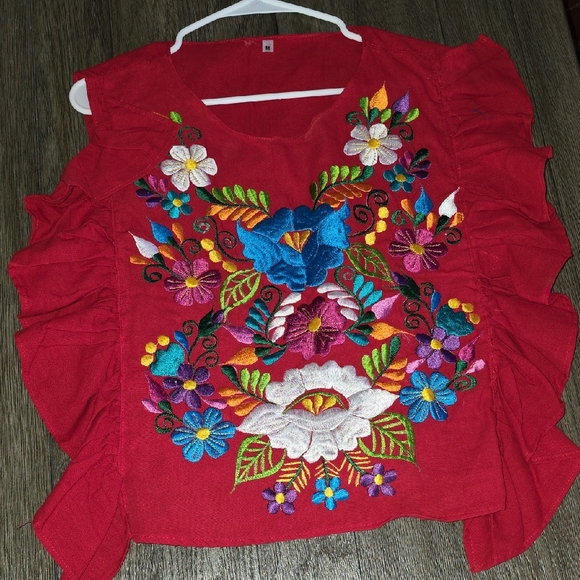 Red Embroidered Floral Ruffle Women's Top - Picture 1 of 16